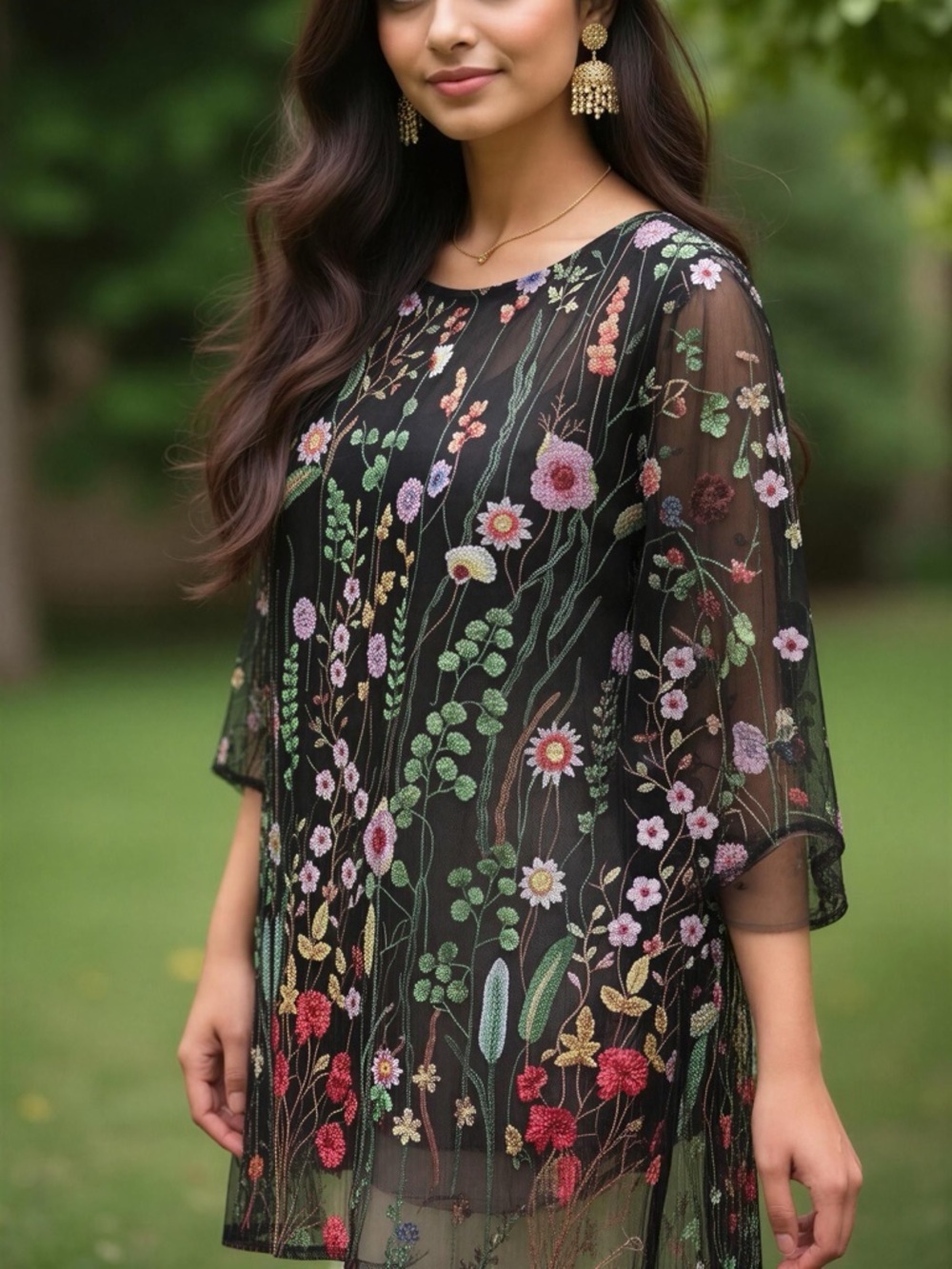 Caroline Rose Garden Walk Embroidered Tunic, sheer 3/4 sleeves black multi-color